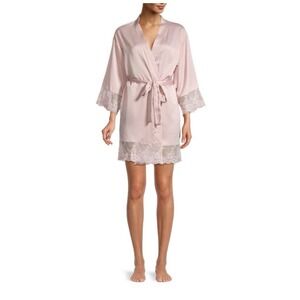 FLORA NIKROOZ Rosa Lace-Trim Satin Robe Size Medium‎ Pink Embroidered